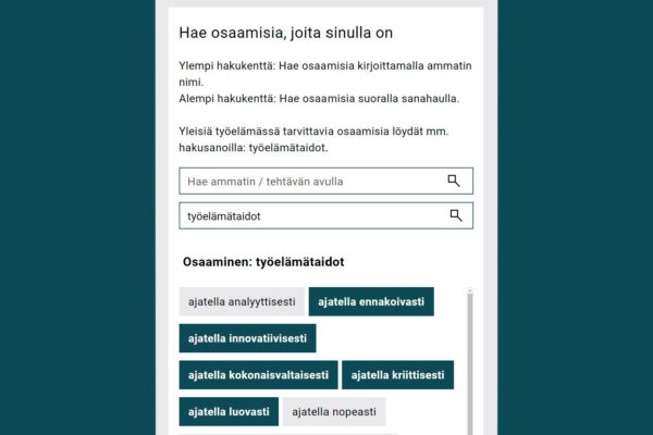 Osaamiskartoituksen "työelämätaidot"-haun tulokset.