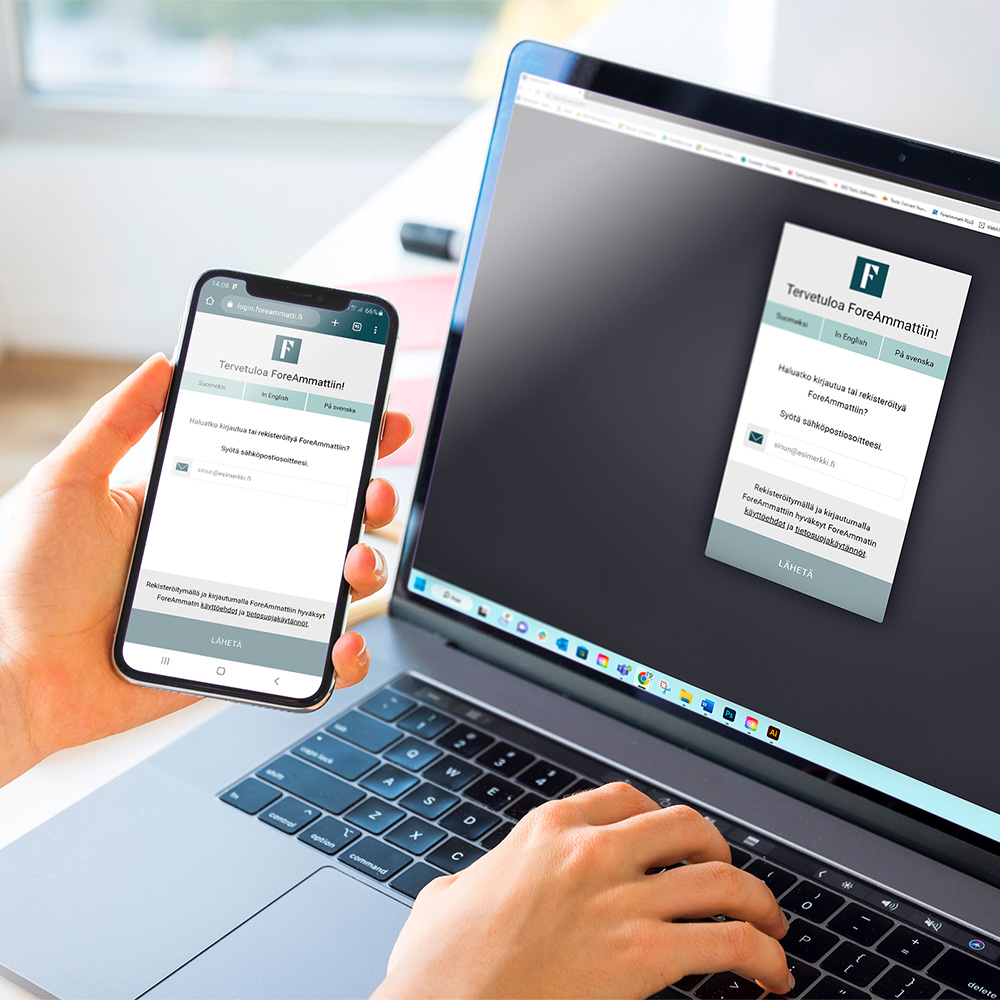 Voit käyttää ForeAmmattia selaimessa älypuhelimella, tabletilla tai tietokoneella missä ja milloin tahansa. Kuvassa ForeAmmatin kirjautumisnäkymä mobiililla sekä tietokoneella.